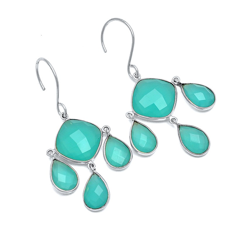 Bezel Setting Designer Aqua Chalcedony Gemstone 925 Sterling Silver Handcrafted Gold Plated Earrings 