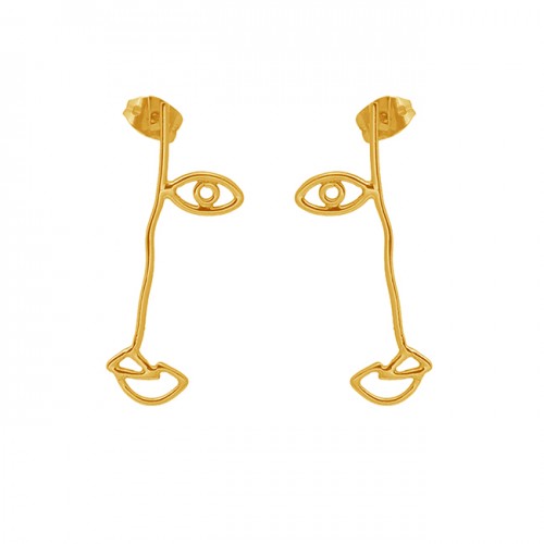 925 Sterling Silver Jewelry Eye Shape Plain Gold Plated Stud Earrings
