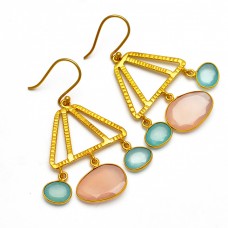 Handmade 925 Sterling Silver Aqua Rose Color Chalcedony Dangling Gold Plated Earrings