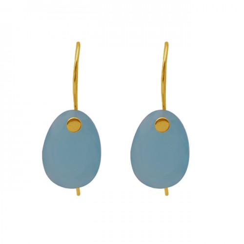 Oval Shape Blue Chalcedony Gemstone Earrings 925 Silver Jewelry