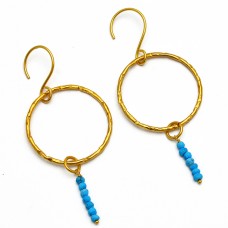 Faceted Roundel Beads Turquoise Gemstone Hammered Designer Gold Plated Earrings
