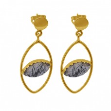 Black Rutile Quartz Gemstone 925 Sterling Silver Jewelry Stud Earrings