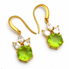 Peridot Crystal Quartz Gemstone Prong Setting Dangle 925 Sterling Silver Gold Plated Earrings