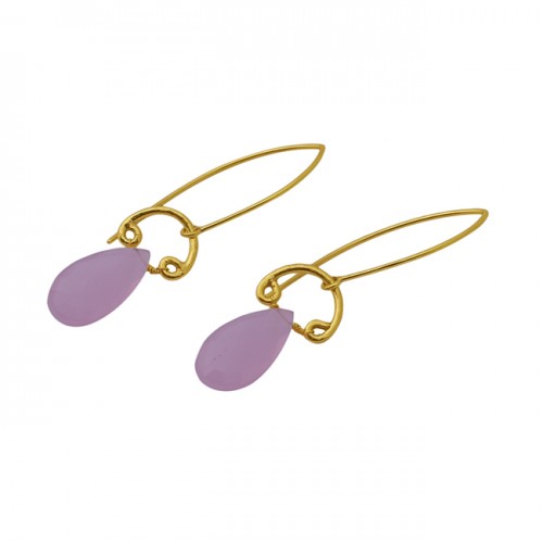 Rose Chalcedony Gemstone 925 Sterling Silver Jewelry Gold Plated Earrings