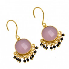 Roundel Beads Dangling Chalcedony Onyx Gemstone 925 Sterling Silver Gold Plated Earrings 
