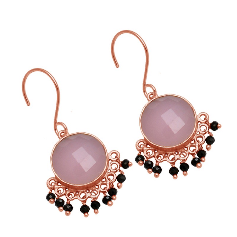 Roundel Beads Dangling Chalcedony Onyx Gemstone 925 Sterling Silver Gold Plated Earrings 