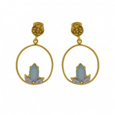 Aqua Chalcedony Gemstone 925 Silver Jewelry Gold Plated Stud Earrings