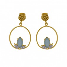 Aqua Chalcedony Gemstone 925 Silver Jewelry Gold Plated Stud Earrings