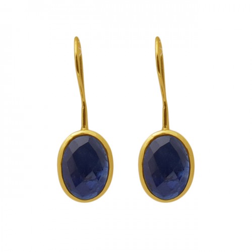 Oval Shape Sapphire Gemstone 925 Silver Jewelry Gold Plated Earrings