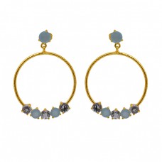 Prong Set Round Gemstone 925 Sterling Silver Jewelry Gold Plated Earrings