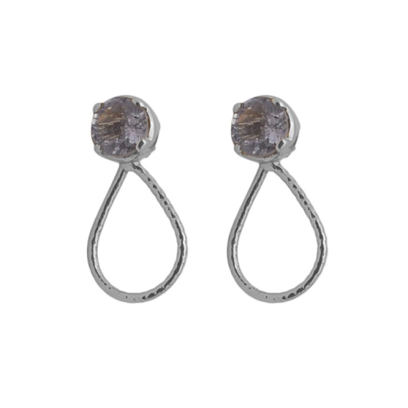 Round Shape Black Rutile Quartz Gemstone 925 Silver Jewelry Earrings