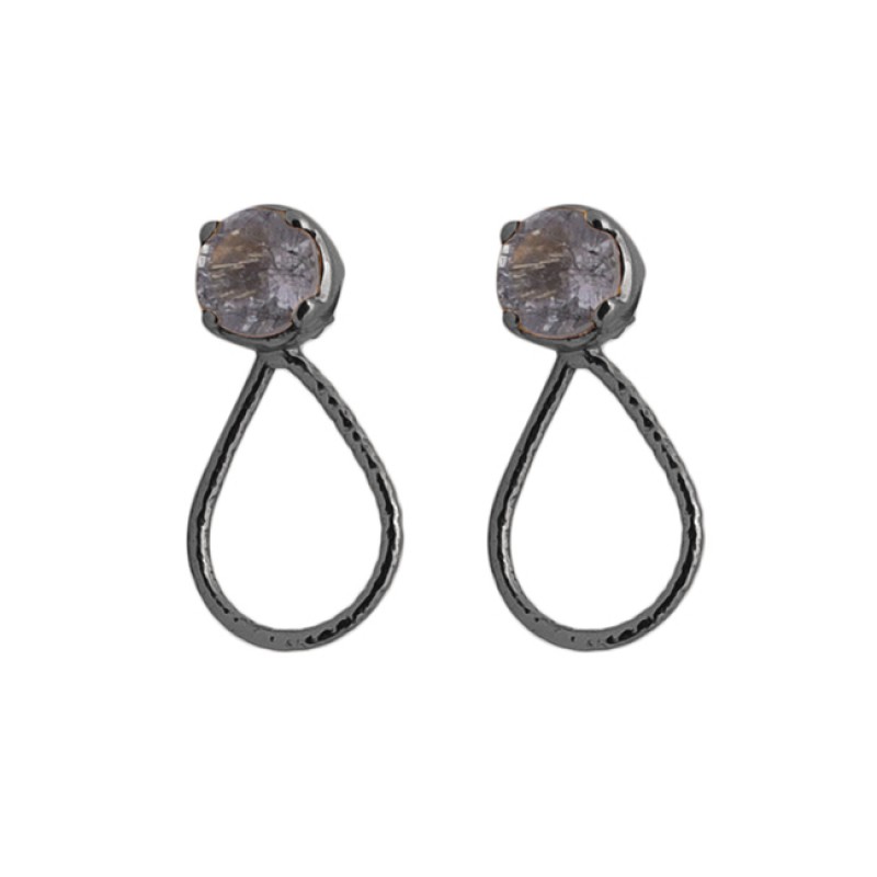 Round Shape Black Rutile Quartz Gemstone 925 Silver Jewelry Earrings