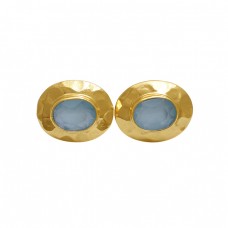 Oval Aqua Chalcedony Gemstone 925 Silver Jewelry Stud Earrings