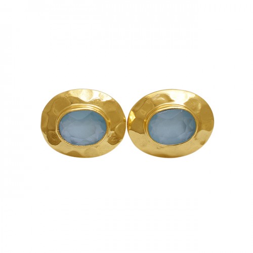 Oval Aqua Chalcedony Gemstone 925 Silver Jewelry Stud Earrings