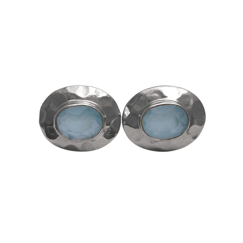 Oval Aqua Chalcedony Gemstone 925 Silver Jewelry Stud Earrings