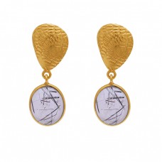 Oval Shape Golden Rutile Quartz Gemstone 925 Silver Jewelry Earrings