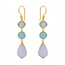 Prong Set Chalcedony Gemstone 925 Silver Jewelry Ear Wire Earrings