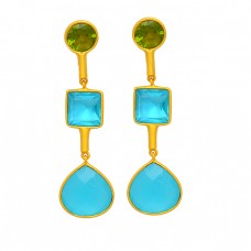 Peridot Blue Topaz Chalcedony Gemstone 925 Sterling Silver Gold Plated Stud Earrings 