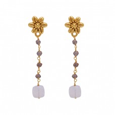 Smoky Quartz Rainbow Moonstone 925 Silver Jewelry Gold Plated Earrings