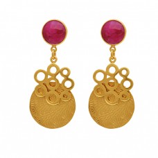 Round Shape Gemstone Gold Plated Earrings 925 Sterling Silver Jewelry 