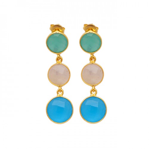 Round Briolette Rainbow Chalcedony Gemstone 925 Sterling Silver Gold Plated Stud Earrings 