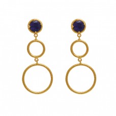 Round Shape Sapphire  Gemstone 925 Silver Jewelry Gold Plated Earrings