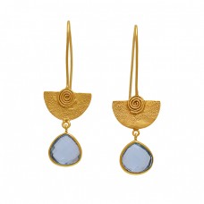 Heart  Shape Blue Topaz  Gemstone 925 Silver Jewelry Gold Plated Earrings