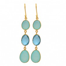 Dangling Earrings Chalcedony Topaz Oval Shape Gemstone 925 Sterling Silver Gold Plated Earrings 