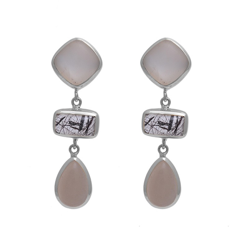 Square Rectangle Pear  Shape Moonstone Rutile Moonstone  Gemstone 925 Sterling Silver Jewelry Earrings