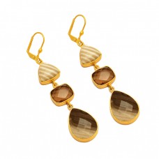 Flint Smoky Quartz Botswana Agate Gemstone 925 Sterling Silver Gold Plated Cilp-On Earrings 