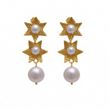 925 Sterling Silver Jewelry Round Shape Pearl   Gemstone Gold Plated Earrings