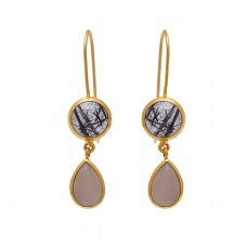 925 Sterling Silver Jewelry Round Pear  Shape Rutile Moonstone  Gemstone Gold Plated Earrings