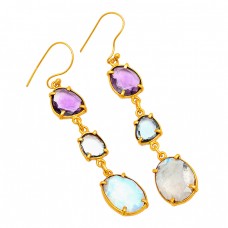 Rainbow Amethyst Topaz Gemstone Handmade Prong Setting 925 Sterling Silver Gold Plated Earrings 