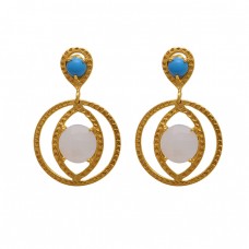 925 Sterling Silver Jewelry Round  Shape Turquoise  Moonstone  Gemstone Gold Plated Earrings