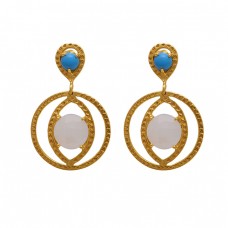 925 Sterling Silver Jewelry Round  Shape Turquoise  Moonstone  Gemstone Gold Plated Earrings