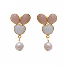 925 Sterling Silver Jewelry Oval Fancy Round  Shape  Moonstone  Pearl Gemstone Gold Plated Earrings