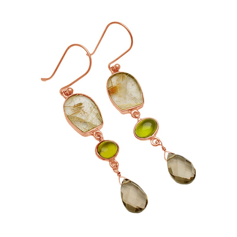 Golden Rutile Smoky Quartz Peridot Gemstone 925 Sterling Silver Handcraftted Gold Plated Dangle Earrings 
