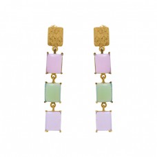  925 Sterling Silver Jewelry Rectangle  Shape Prehnite Chalcedony  Gemstone Gold Plated Earrings