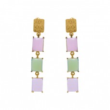  925 Sterling Silver Jewelry Rectangle  Shape Prehnite Chalcedony  Gemstone Gold Plated Earrings