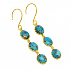 Cabochon Oval Blue Copper Turquoise Gemstone 925 Sterling Silver Gold Plated Earrings 