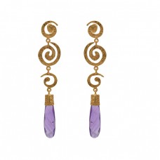  925 Sterling Silver Jewelry  Pencil Shape Amethyst   Gemstone Gold Plated Earrings