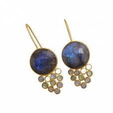 925 Sterling Silver Jewelry Round   Shape Labradorite  Moonstone Gemstone Gold Plated Earrings