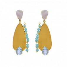 925 Sterling Silver Jewelry Pear Round  Shape Moonstone Topaz Chalcedony Gemstone Gold Plated Earrings