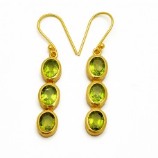 Peridot Oval Cut Gemstone Handmade 925 Sterling Silver Gold Plated Dangle Earrings 