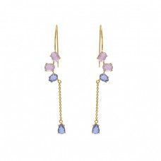  925 Sterling Silver Jewelry  Oval  Pear Shape Rose Quartz Blue Quartz    Gemstone Gold Plated Earrings