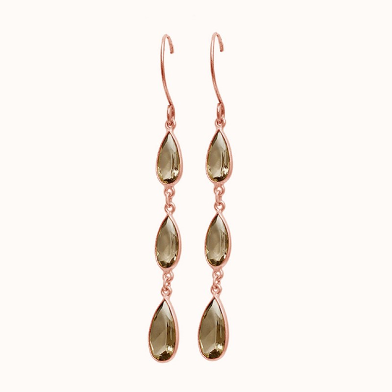 Pear Shape Smoky Quartz Gemstone Bezel Setting Gold Plated Dangle Earrings