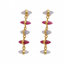 925 Sterling Silver Jewelry  Oval  Shape Moonstone Ruby   Gemstone Gold Plated Earrings