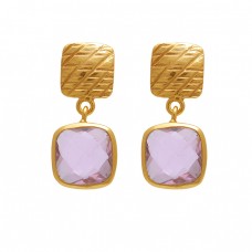  925 Sterling Silver Jewelry  Square  Shape Pink Quartz Gemstone Gold Plated Earrings