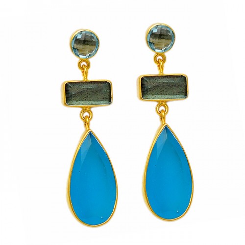 Labradorite Blue Topaz Chalcedony Gemstone Bezel Setting Gold Plated Dangle Stud Earrings 