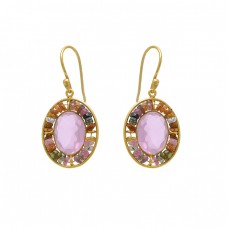  925 Sterling Silver Jewelry  Oval Round Shape Chalcedony Tourmaline  Gemstone Gold Plated Earrings